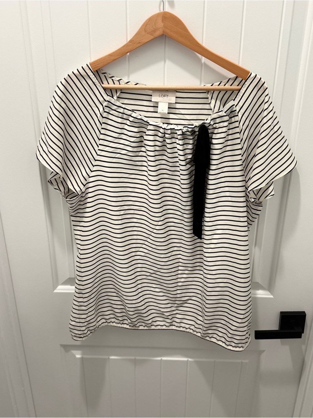 LOFT Black & White Striped Short Sleeve Tie-Neck Top